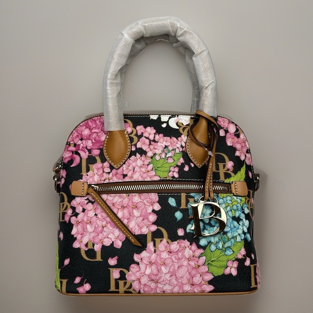 NWT Dooney & Bourke Bag Black Hydrangea Monogram Domed Leather Satchel Handbag